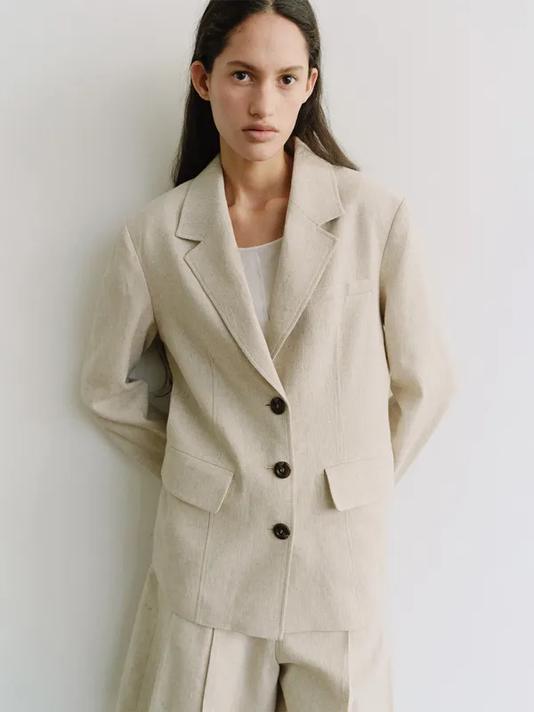 TIS LINEN TAILORED SINGLE BLAZER_BEIGE STRIPE