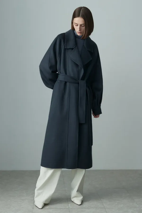 BALLOON SLEEVE BELTED ZIBELLIN COAT MIDNIGHT BLUE
