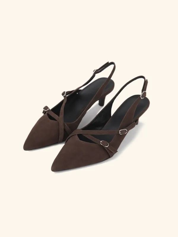 OBLIQUE strap slingback / 브라운스웨이드
