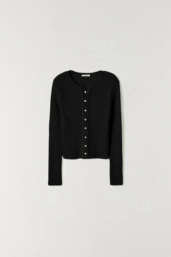 알파카 리브드 버튼 가디건 BLACK