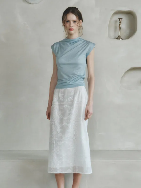 OSCAR embroidery H-line long skirt_ivory