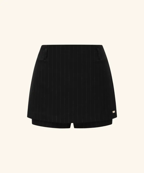 Striped Layered Skirt Pants ( Black )