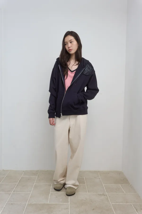 ROSE APPLIQUE ZIP-UP HOODIE_NAVY