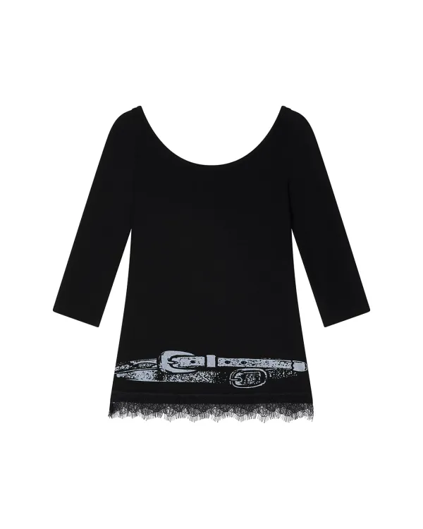 LACE TRIM BOATNECK TOP, BLACK