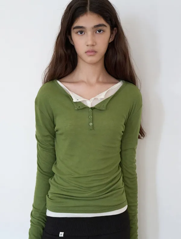 Placket Wool button slim T-shirt_Green