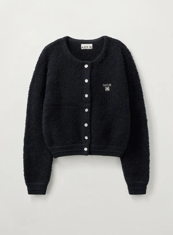 (W) Boucle Crew Neck Cardigan - Navy