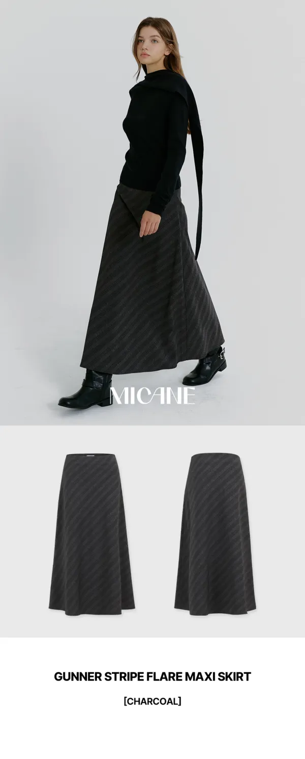 [25-36]  Gunner Stripe Flare Maxi Skirt  거너 스트라이프 플레어 맥시 스커트 (가을-겨울-출근룩-하객룩-오피스룩-데일리룩-데이트룩-격식룩-플레어스커트-스트라이프-패턴-클래식-롱스커트-체형커버-자체제작) - MICANE