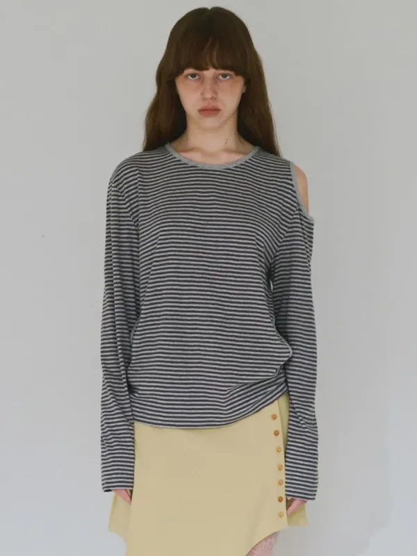 Cut Out Stripe T-Shirt [Melange Gray]