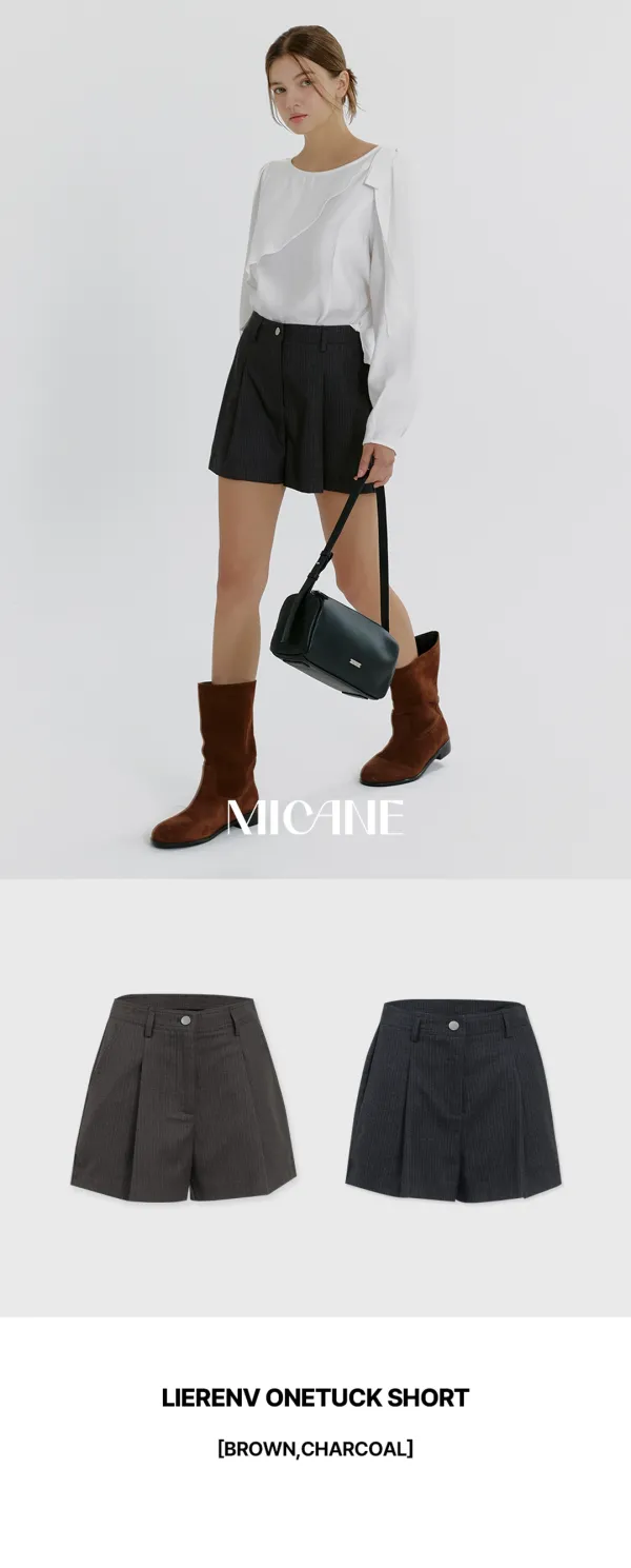 [25-36]  Lierenv Onetuck Short  리에렌브 원 턱 쇼츠 (가을-겨울-하객룩-격식룩-출근룩-데일리룩-오피스룩-클래식-숏팬츠-A라인-스트라이프-체형커버-핀턱-자체제작)