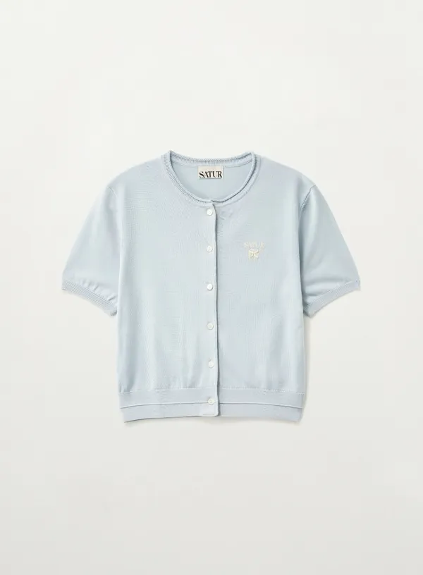 (W) Fine Half Crewneck Cardigan - Sky Blue