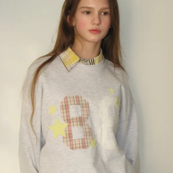 88 STAR MIXED APPLIQUE SWEATSHIRT WHITE MELANGE