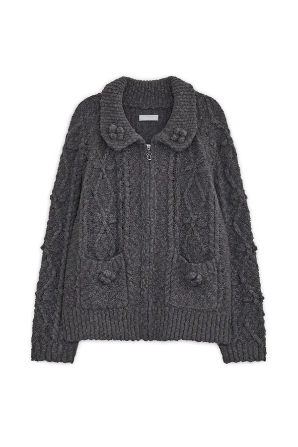 Popcorn knit zip-up (Charcoal)