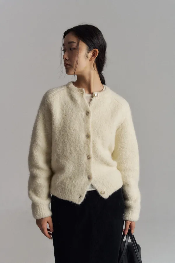 Bouclé Wool Knit Cardigan (Ivory)