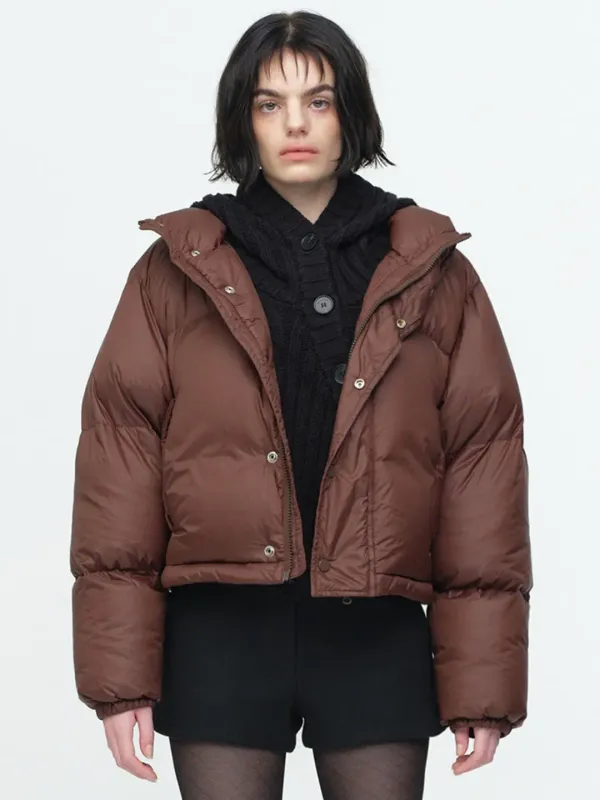 Curved Short Puffer Jacket [Deep Brown]