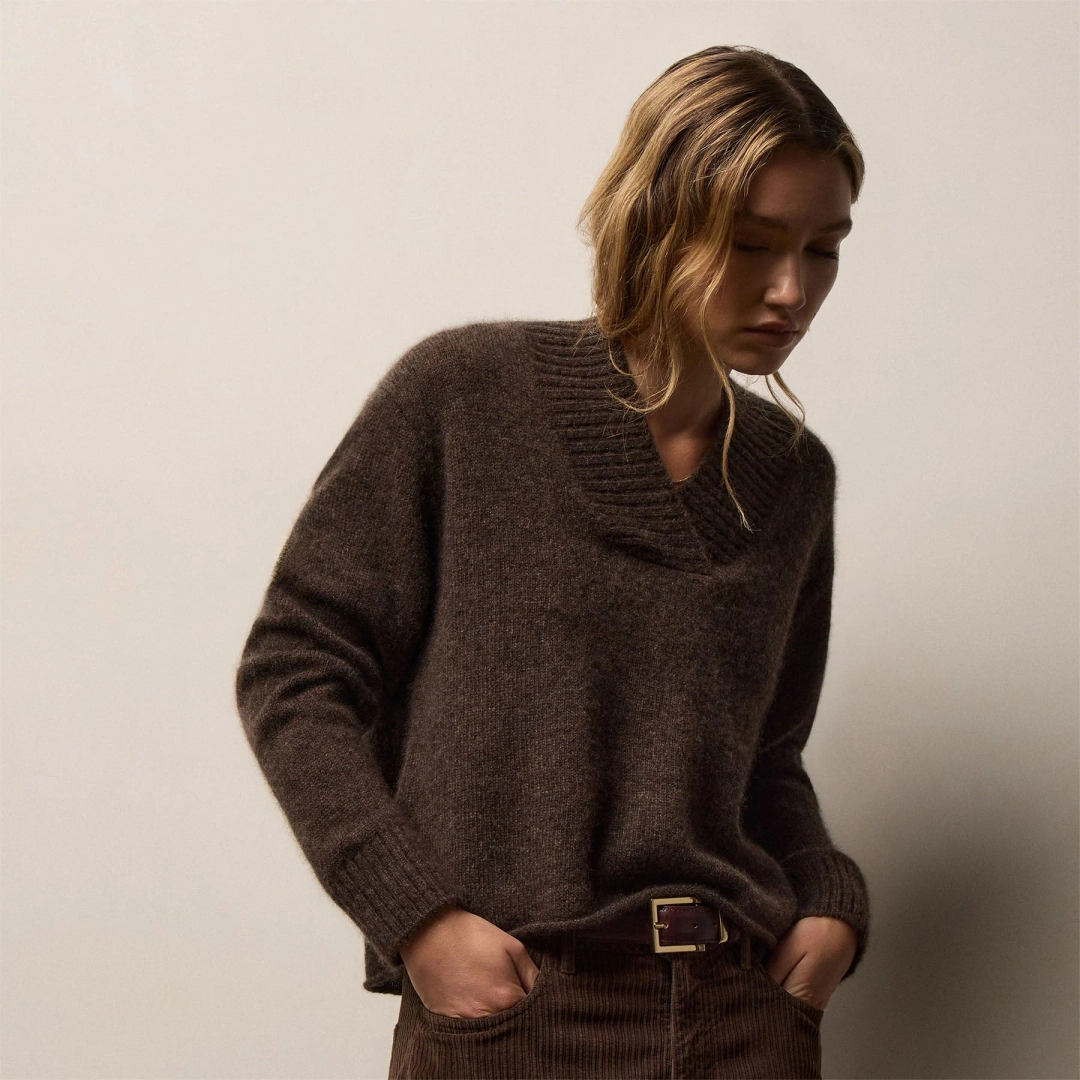 제임스펄스 Lightweight Textured Cashmere V Neck - Bark 상품 이미지 1