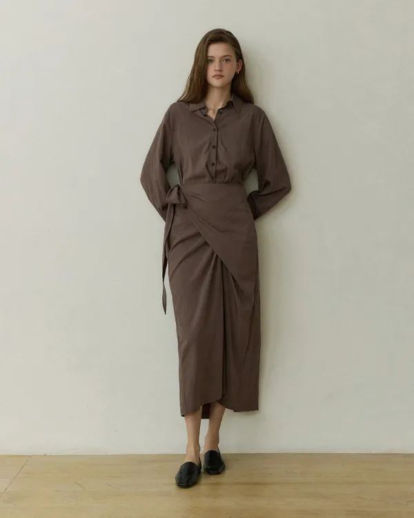 Modern shirts collar lap long dress - moca