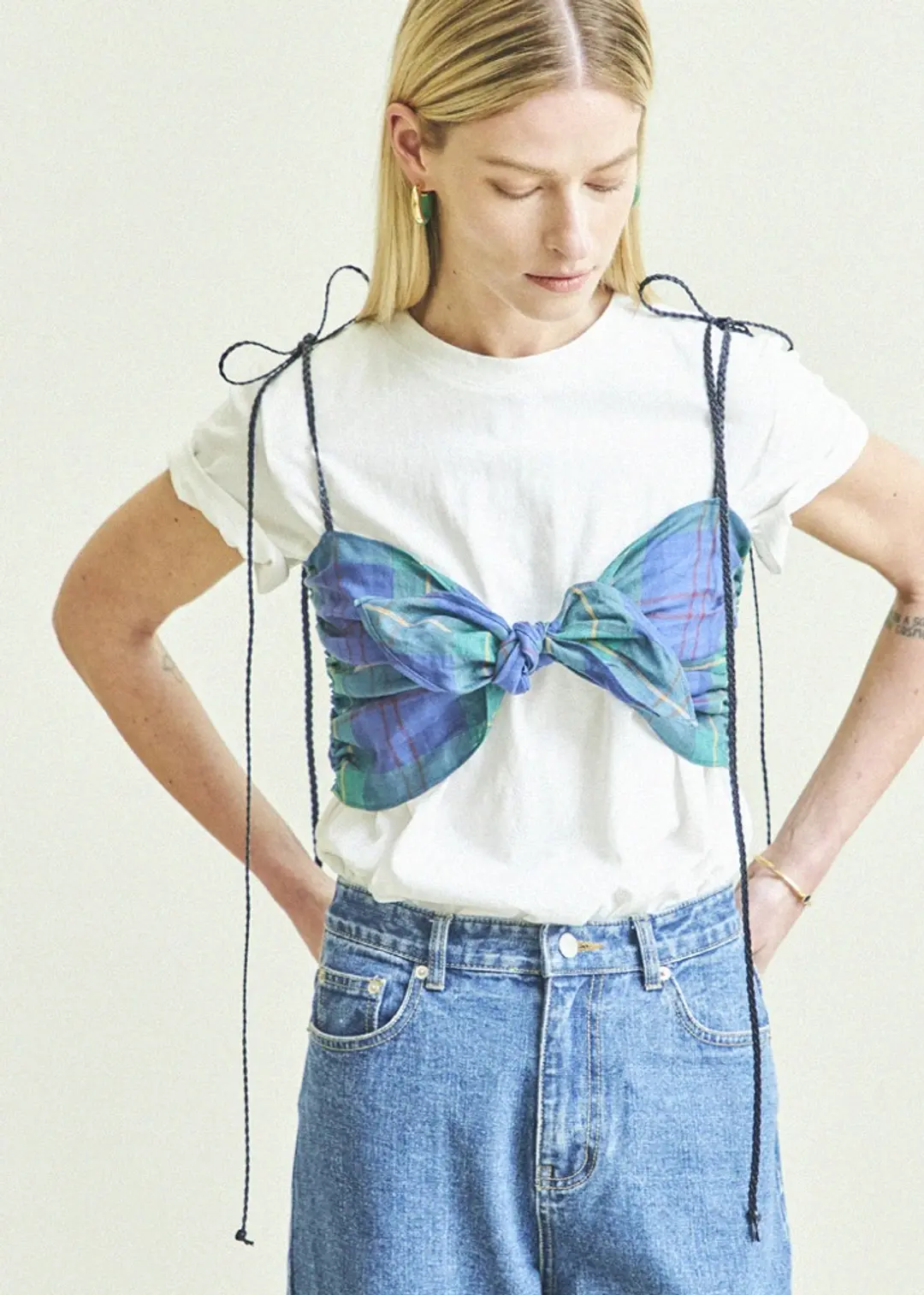 메종드이네스 TUBE TOP & T-SHIRT SET_WHITE-CHECK 상품 이미지 2