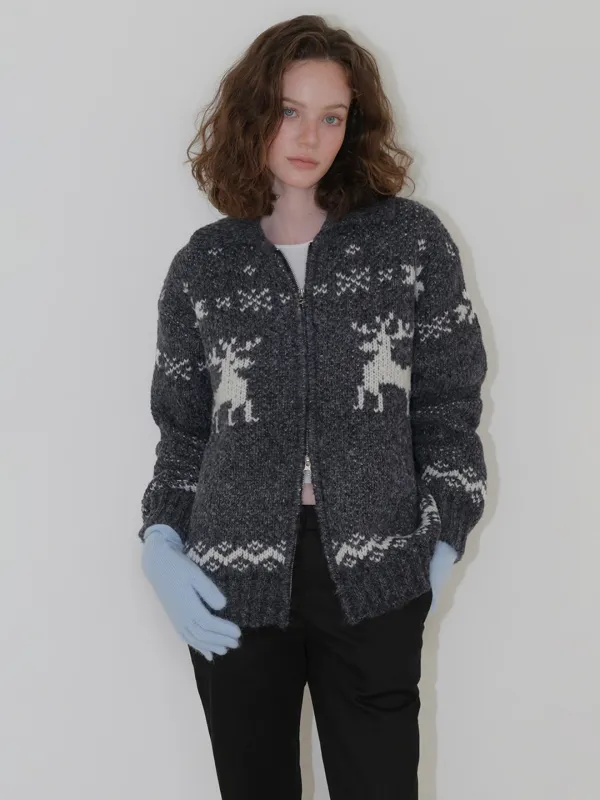 Deer Zip-Up Cardigan, Charcoal