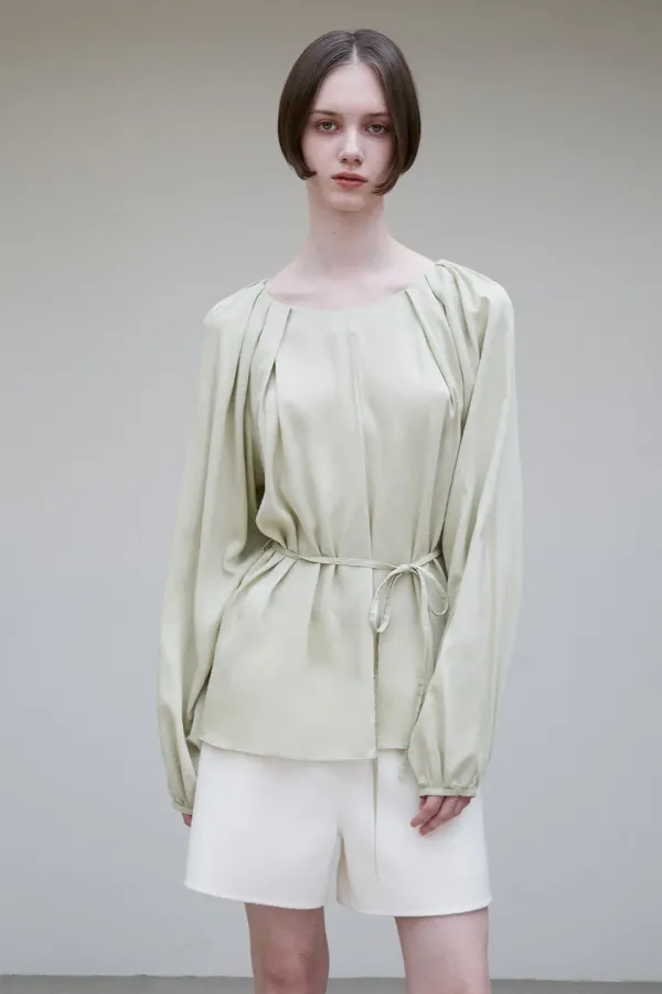PLEATED DETAIL BELTED BLOUSE BASIL CREAM