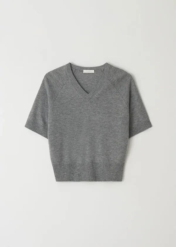 merino wool v-neck half knit top-gary