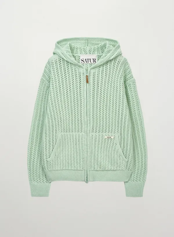 Crochet Knit Hood Zip-up - Green