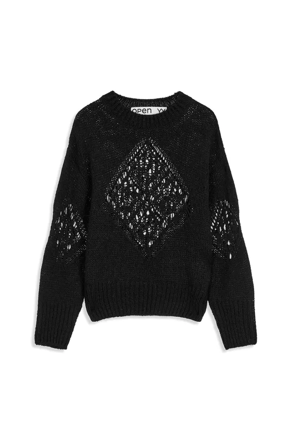 ALPACA ARGYLE POINTELLE PULLOVER, BLACK