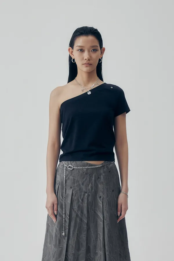 One-Shoulder Sleeve T-shirts [ Black ]