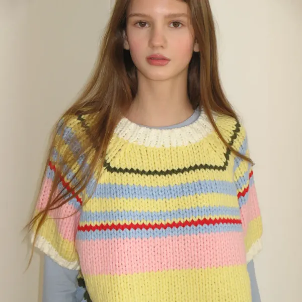 MULTI STRIPE SHORT SLEEVE KNIT SOFT YELLOW