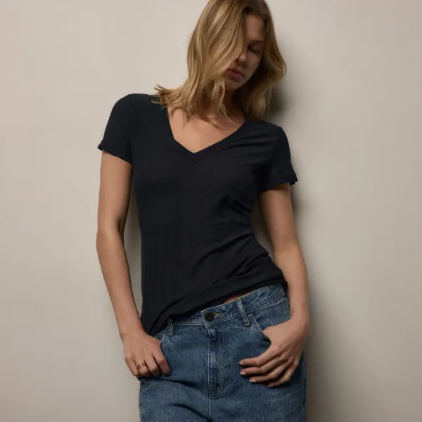 Sheer Slub V Neck - Deep