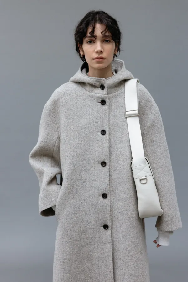 Herringbone Hoodie Coat (Melange Beige)