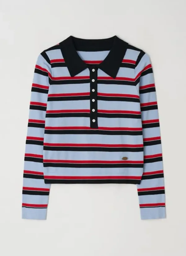 STRIPE HENRYNECK COLLAR SLIM LONG SLEEVE KNIT BLUE RED