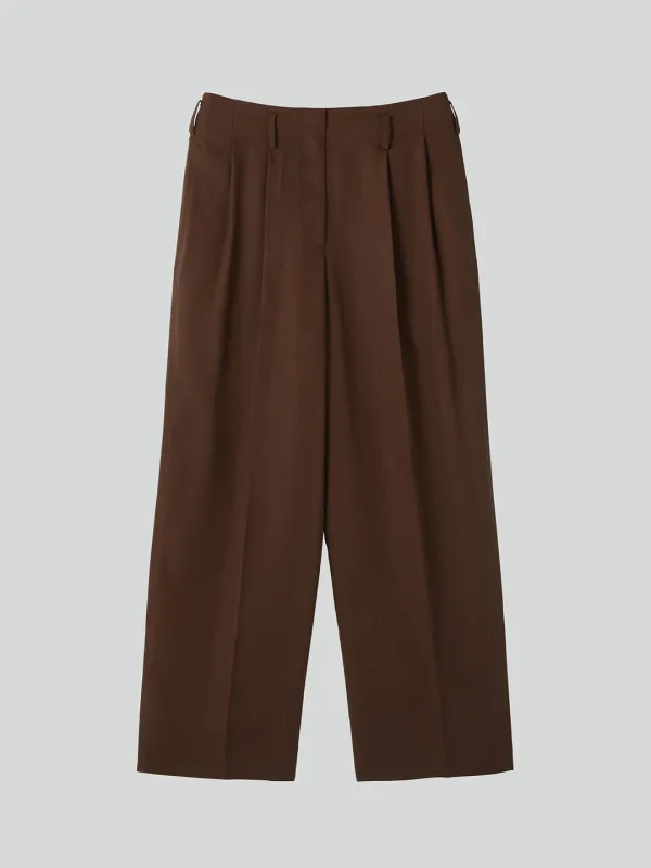 LINEN BLEND PLEATED PANTS (CHOCOLATE BROWN)