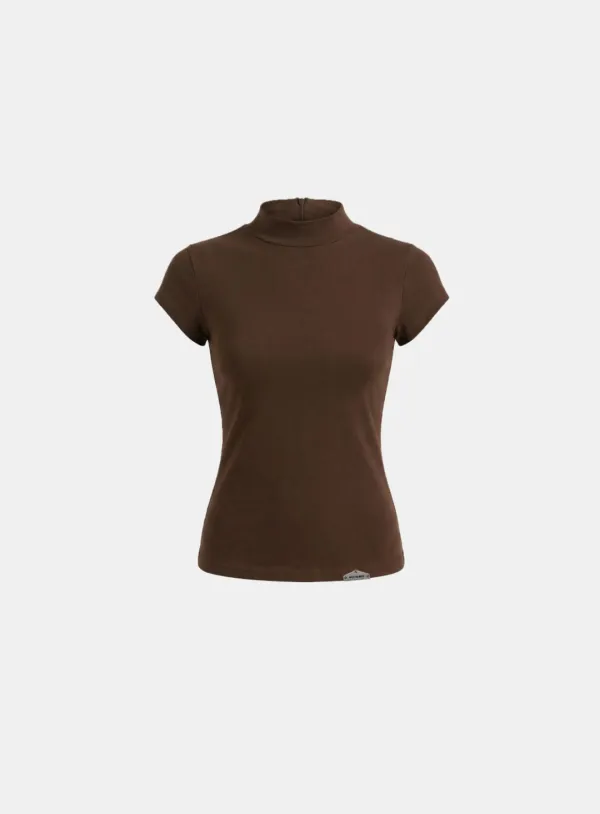 [w-tee26-067] Viper Logo Mock-Neck Cap Sleeve - Brown