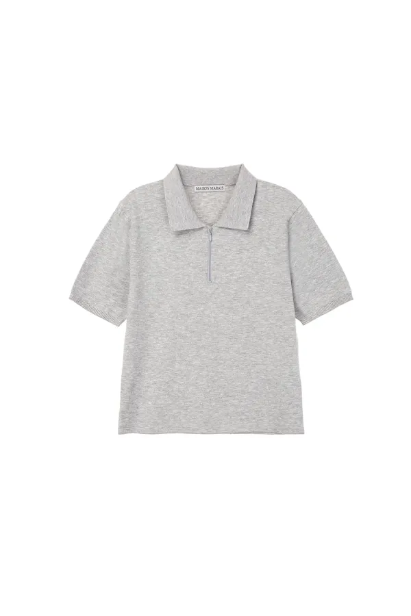 Knit Polo Zip-Up, Light Grey