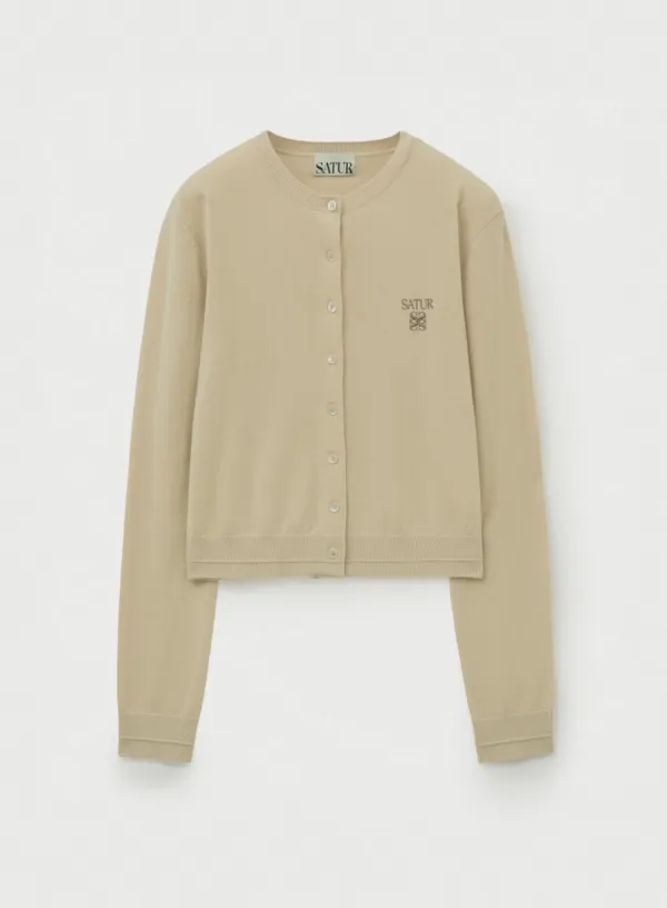 (W) Loren Basic Crewneck Fine Cardigan - Beige