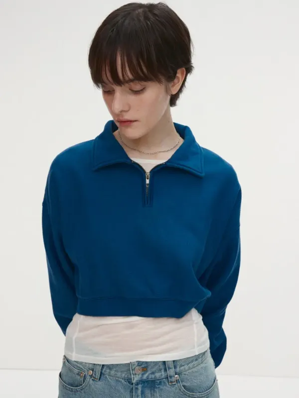 GARMENT-DYED CROPPED ZIP UP SWEATSHIRT_ INDIGO
