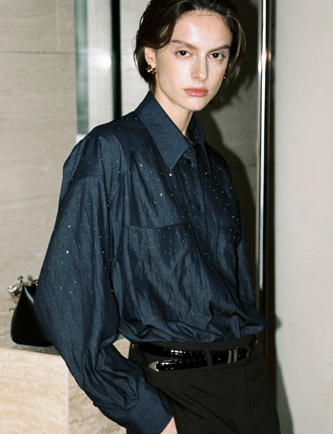 노미나떼 Stella Rhinestone Shirts (Dark Blue) 상품 이미지 3