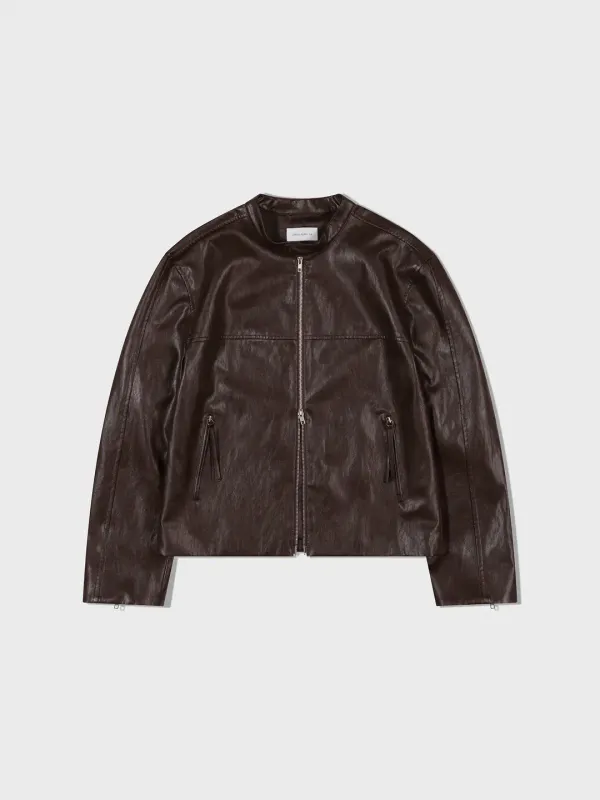 Bandcollar Leather Jacket_Brown