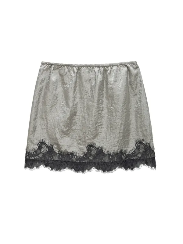 Banding Lace Satin Skirt_ Gray