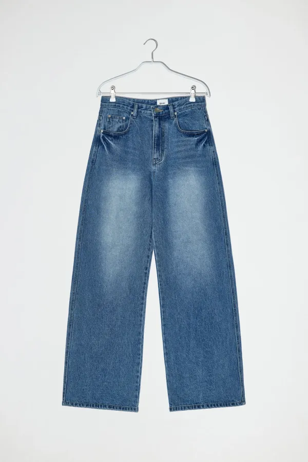 CURVED BRUSH WASH DENIM PANTS - BLUE