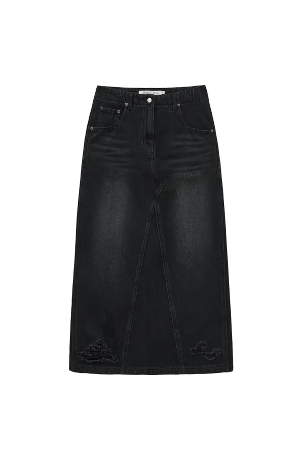 DAMAGE POINT LONG DENIM SKIRT IN BLACK