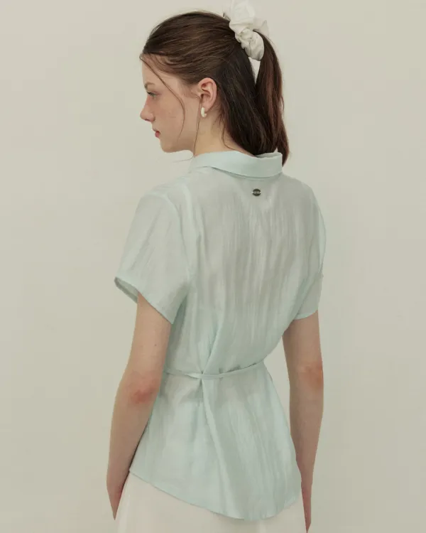 See through sheer belt shirt - blue