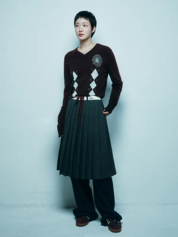 WOOL PLEATED MIDI SKIRT CONTRAST WAISTBAND_CHARCOAL