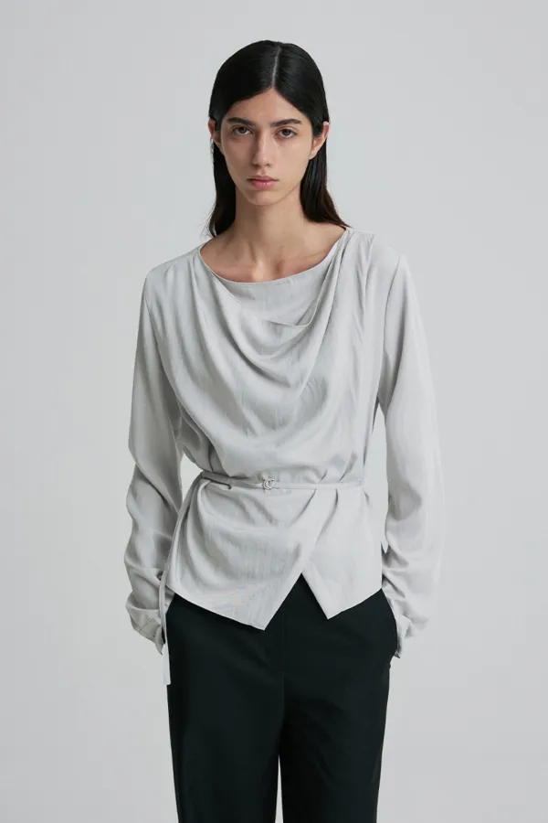 DRAPED COWL-NECK TIE-WAIST TOP ASH GRAY