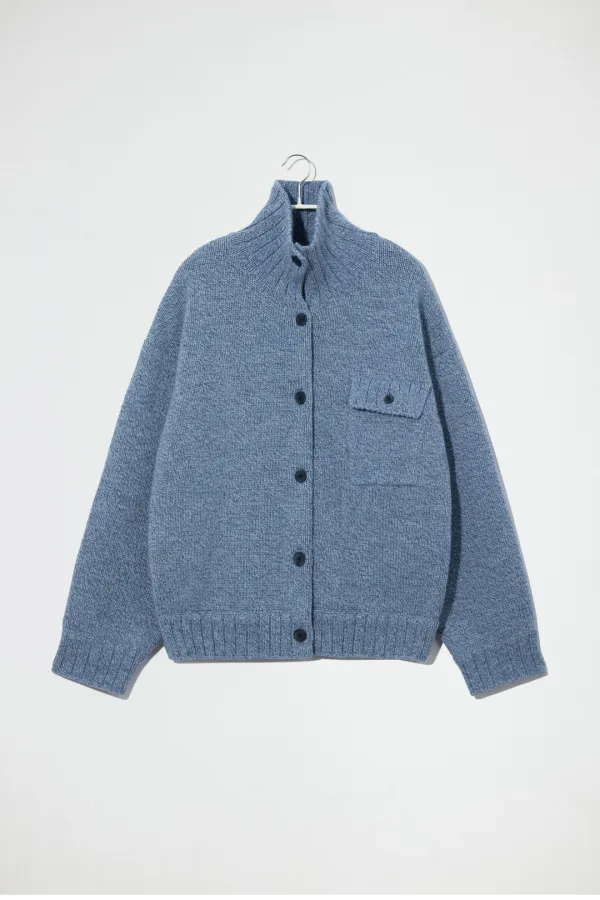 MERINO WOOL HIGH NECK CARDIGAN - BLUE