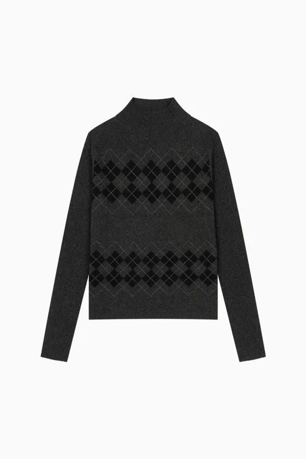 ARGYLE HALF NECK RIBBED KNIT, CHARCOAL