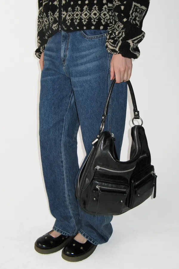 DOUBLE POCKET SHOULDER BAG, BLACK