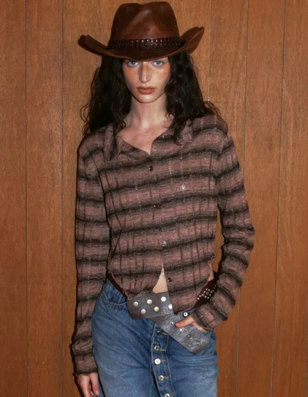 GRUNGED STRIPE SHIRT, BROWN