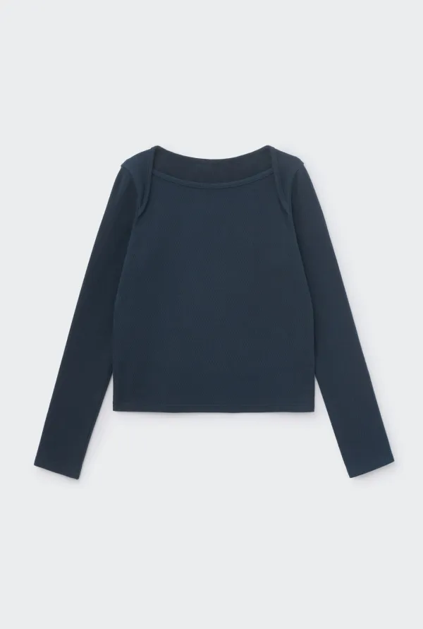 WAFFLE BOAT NECK TOP (NAVY)
