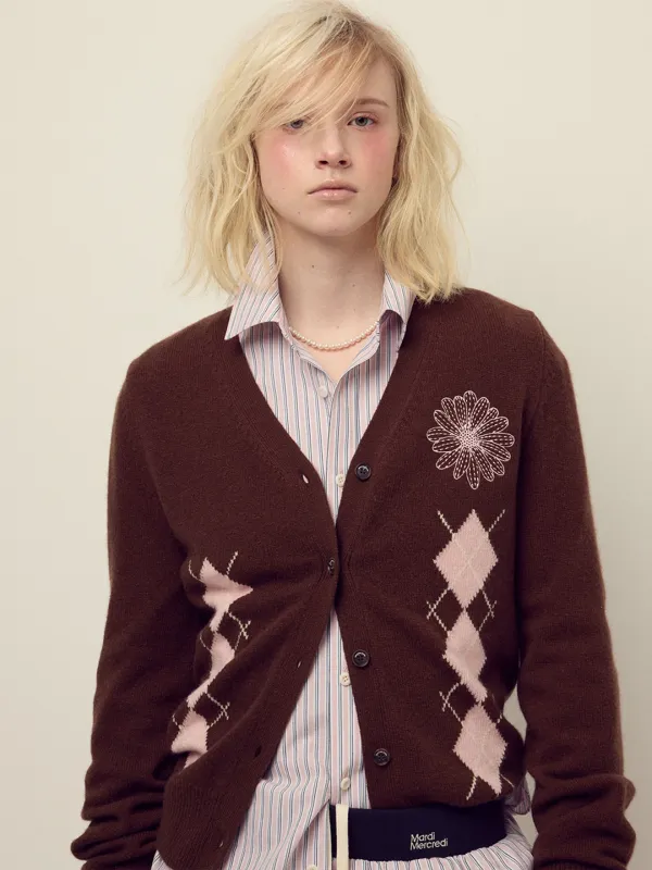 CASHMERE BLENDED CARDIGAN V NECK ARGYLE_CHOCOLATE PINK